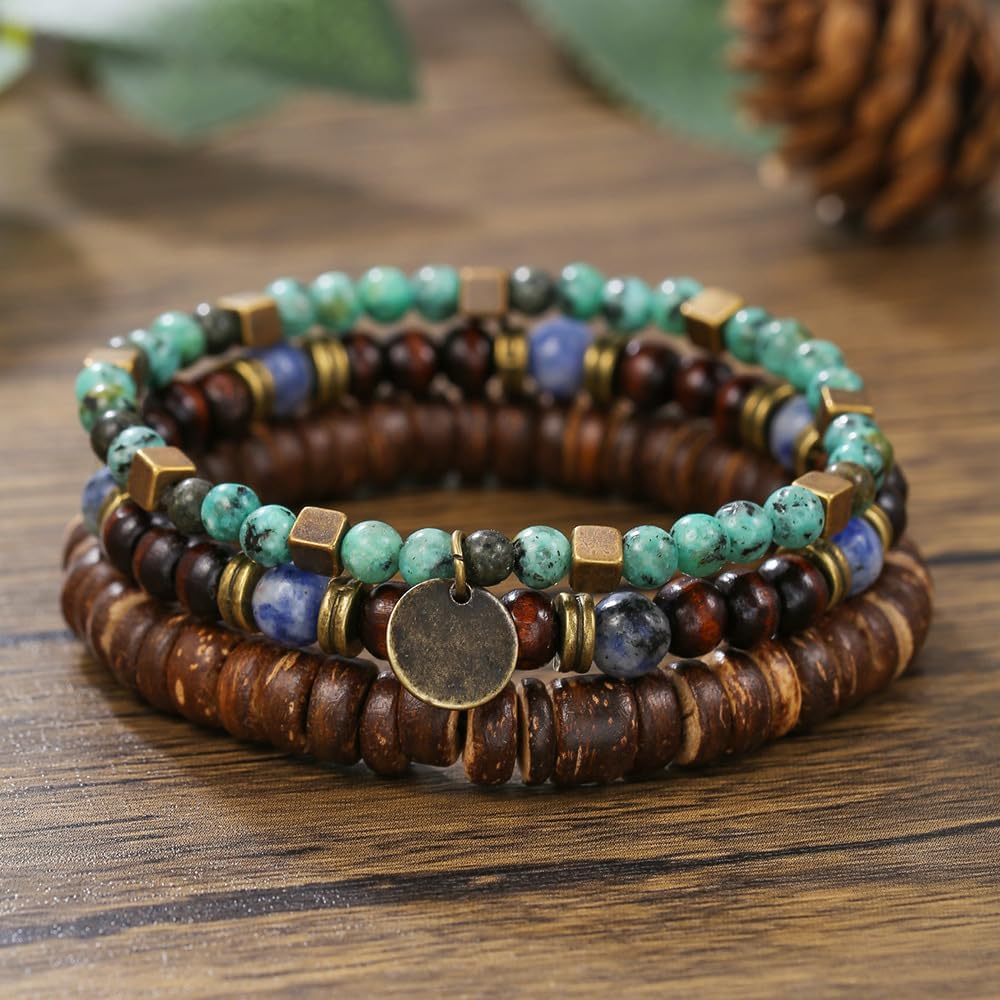 Puka Shell Bracelet for Men Wooden Bracelets Turquoise Stack Beaded Minimalist Trendy Jewelry for Friend Gift