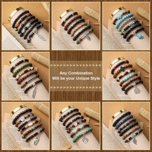 48 Pcs Punk Wooden Beads Bracelets, Gothic Bracelet for Men