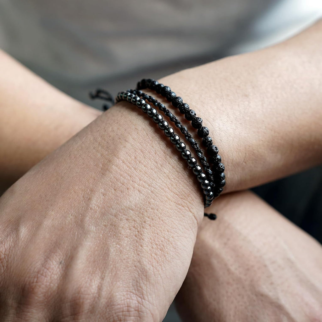 3 Pcs Handmade Natural Gemstone Beaded Bracelet, Adjustable Waterproof Rope Bracelet Set