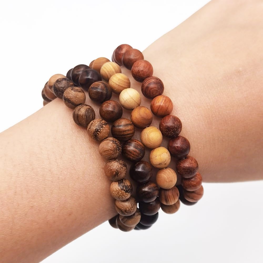 8 Pieces Natural Wood Elastic Beaded Bracelet for Men and Women
