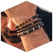 Men's Natural Stone Beaded Bracelet Set, 4 Pcs Stretch Stacking Bracelets with Lava Rock, Onyx, Tiger Eye, Howlite Beads