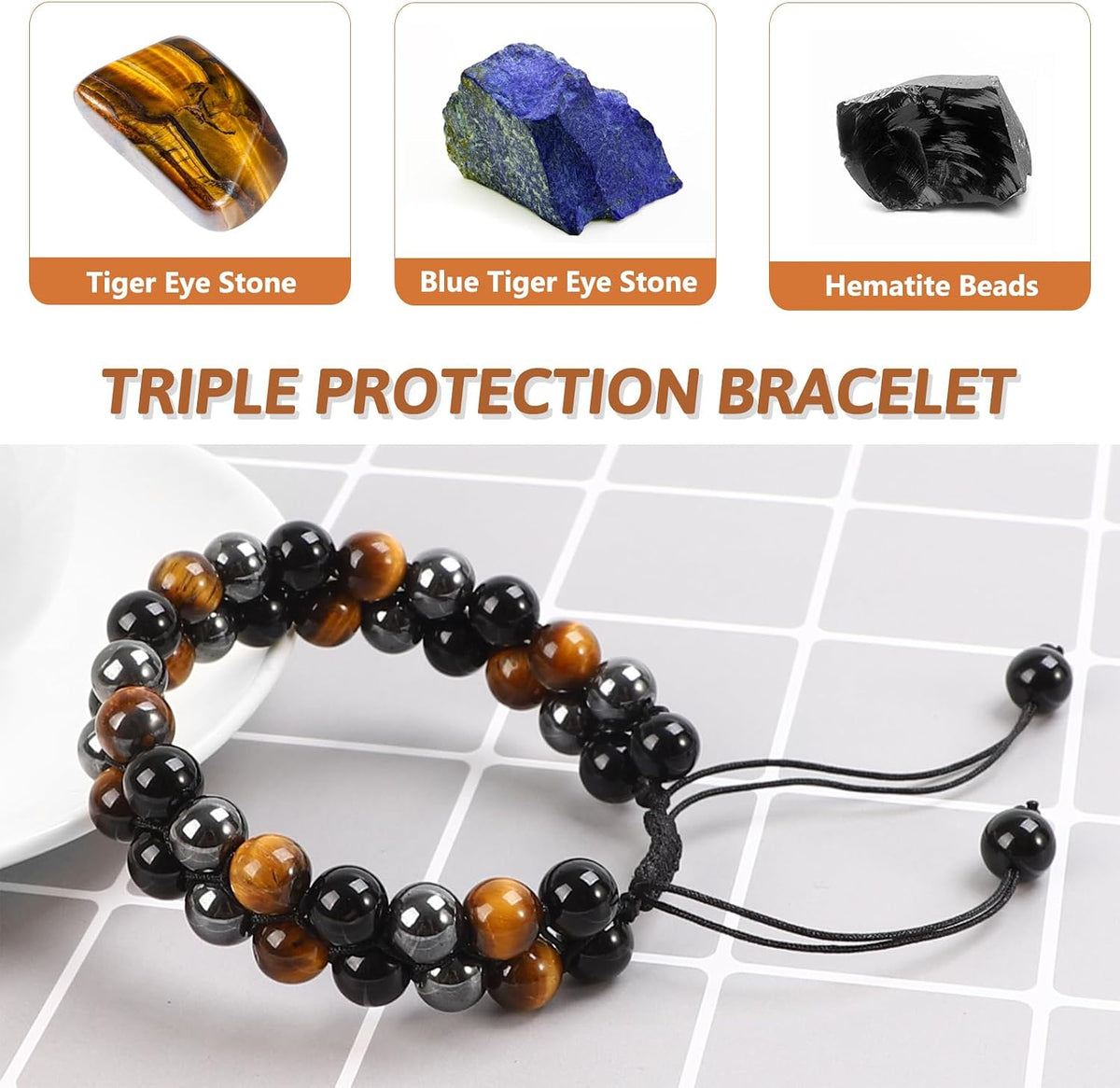 Tiger Eye Bracelets for Men Women, Triple Protection Bracelet