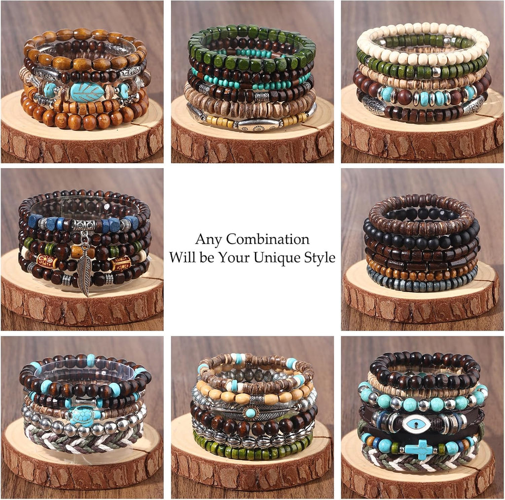 41/44 PCS Wooden Beaded Bracelets for Men, Larger Size Adjustable Punk Braided Wooden Bracelet, Bulk Wood Bangles Wristbands