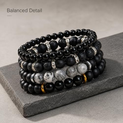 Men's Natural Stone Beaded Bracelet Set, 4 Pcs Stretch Stacking Bracelets with Lava Rock, Onyx, Tiger Eye, Howlite Beads