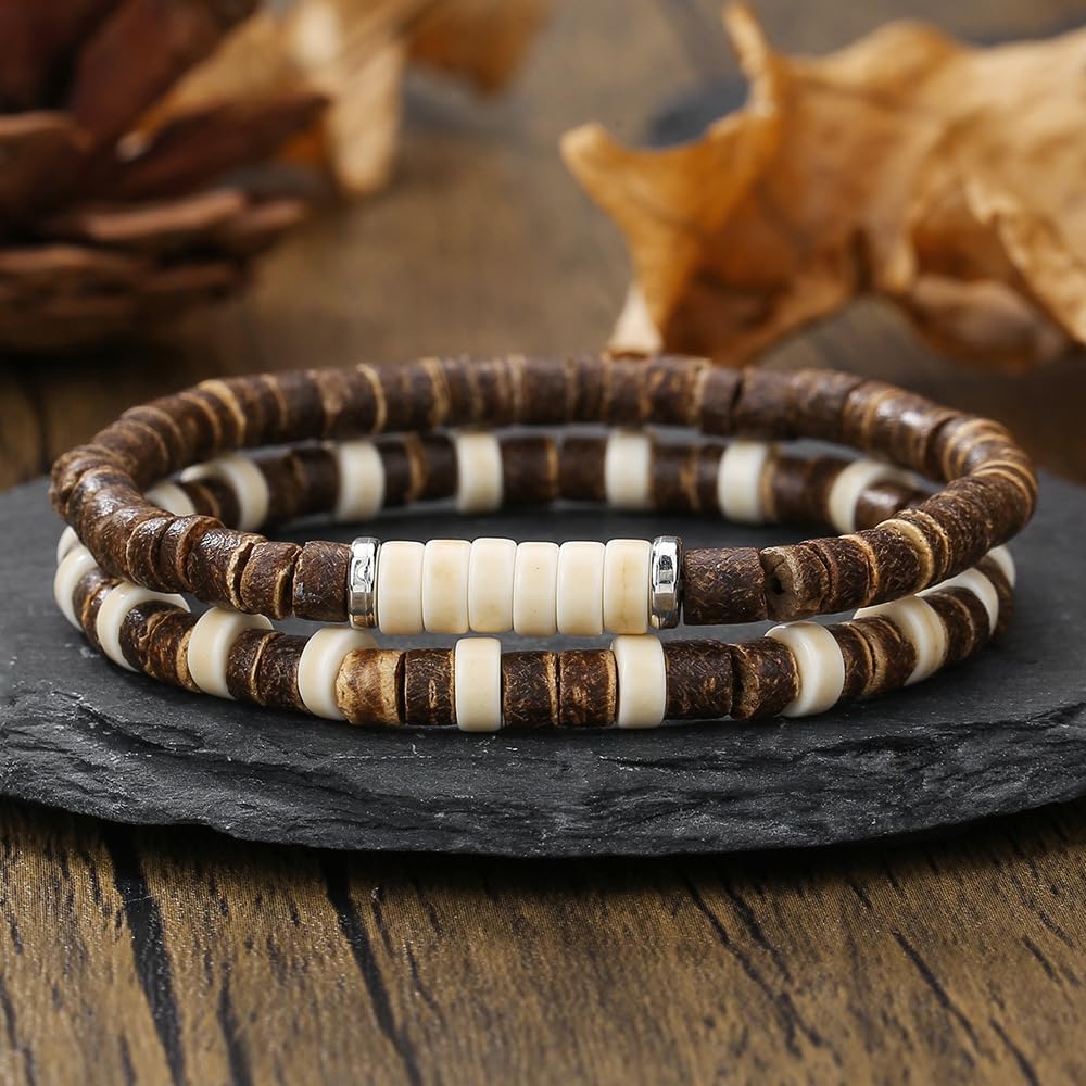 Puka Shell Bracelet for Men Wooden Bracelets Turquoise Stack Beaded Minimalist Trendy Jewelry for Friend Gift