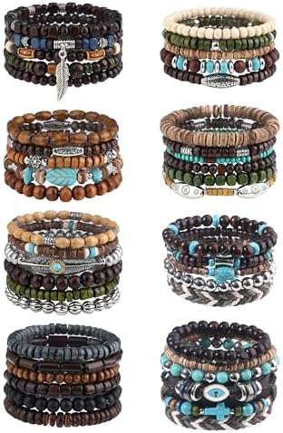 41/44 PCS Wooden Beaded Bracelets for Men, Larger Size Adjustable Punk Braided Wooden Bracelet, Bulk Wood Bangles Wristbands