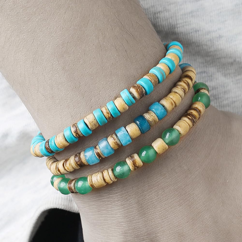Puka Shell Bracelet for Men Wooden Bracelets Turquoise Stack Beaded Minimalist Trendy Jewelry for Friend Gift