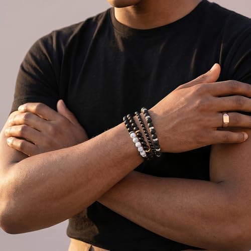 Men's Natural Stone Beaded Bracelet Set, 4 Pcs Stretch Stacking Bracelets with Lava Rock, Onyx, Tiger Eye, Howlite Beads