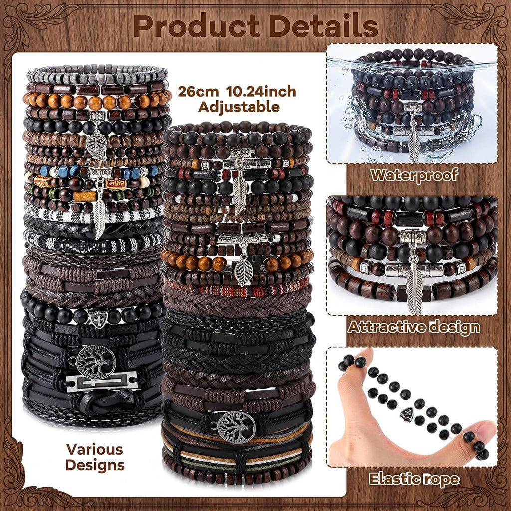 48 Pcs Punk Wooden Beads Bracelets, Gothic Bracelet for Men