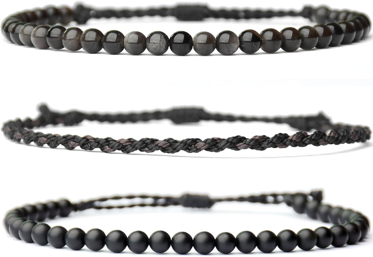 3 Pcs Handmade Natural Gemstone Beaded Bracelet, Adjustable Waterproof Rope Bracelet Set