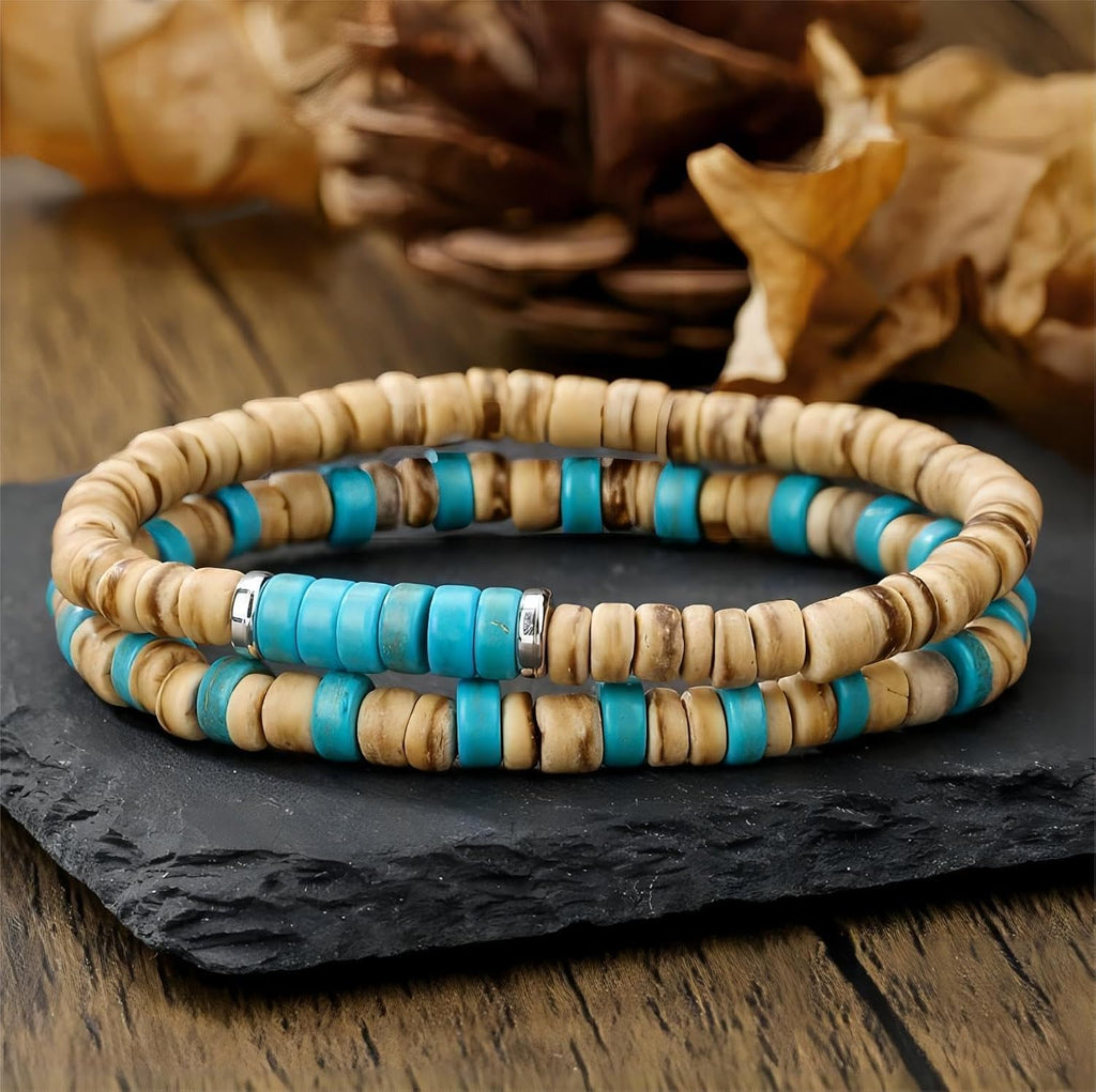 Puka Shell Bracelet for Men Wooden Bracelets Turquoise Stack Beaded Minimalist Trendy Jewelry for Friend Gift