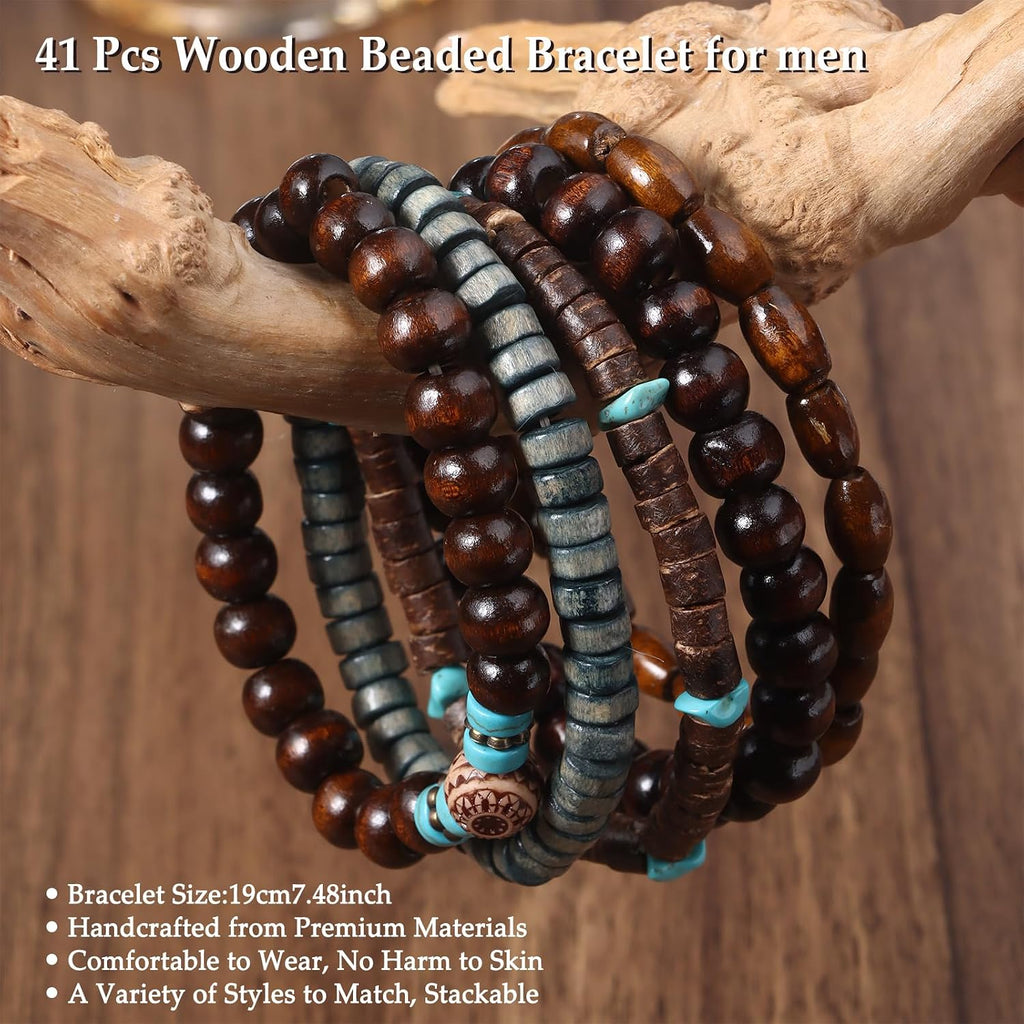 41/44 PCS Wooden Beaded Bracelets for Men, Larger Size Adjustable Punk Braided Wooden Bracelet, Bulk Wood Bangles Wristbands