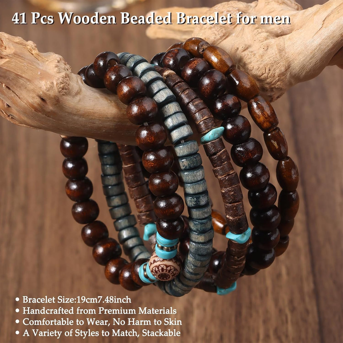 41/44 PCS Wooden Beaded Bracelets for Men, Larger Size Adjustable Punk Braided Wooden Bracelet, Bulk Wood Bangles Wristbands