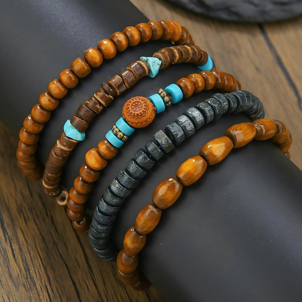Puka Shell Bracelet for Men Wooden Bracelets Turquoise Stack Beaded Minimalist Trendy Jewelry for Friend Gift