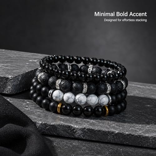 Men's Natural Stone Beaded Bracelet Set, 4 Pcs Stretch Stacking Bracelets with Lava Rock, Onyx, Tiger Eye, Howlite Beads