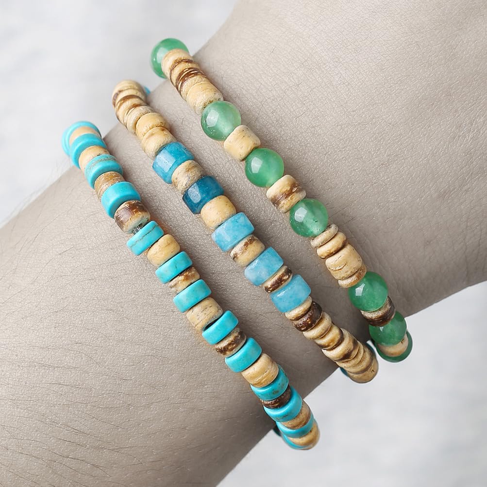 Puka Shell Bracelet for Men Wooden Bracelets Turquoise Stack Beaded Minimalist Trendy Jewelry for Friend Gift