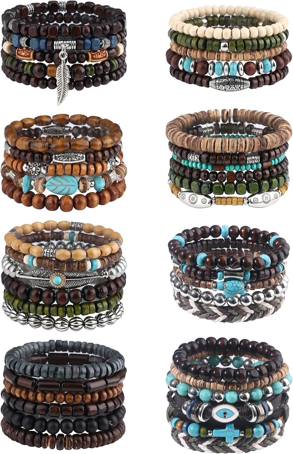 41/44 PCS Wooden Beaded Bracelets for Men Larger Size Adjustable Punk Braided Wooden Bracelet Bulk Wood Bangles Wristbands Meaningful