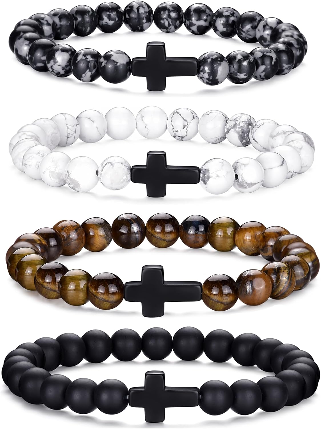 Tiger Eye Bracelet For Men 8MM Natural Stone Stretch Adjustable Black Crystal Beaded Bracelet for Men Women Gifts