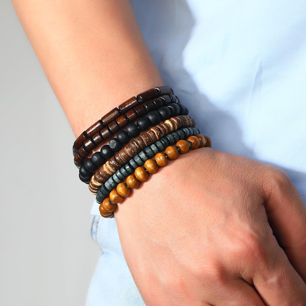 Multilayer Wooden Beaded Bracelet for Men and Women, Handmade Elastic Bracelet