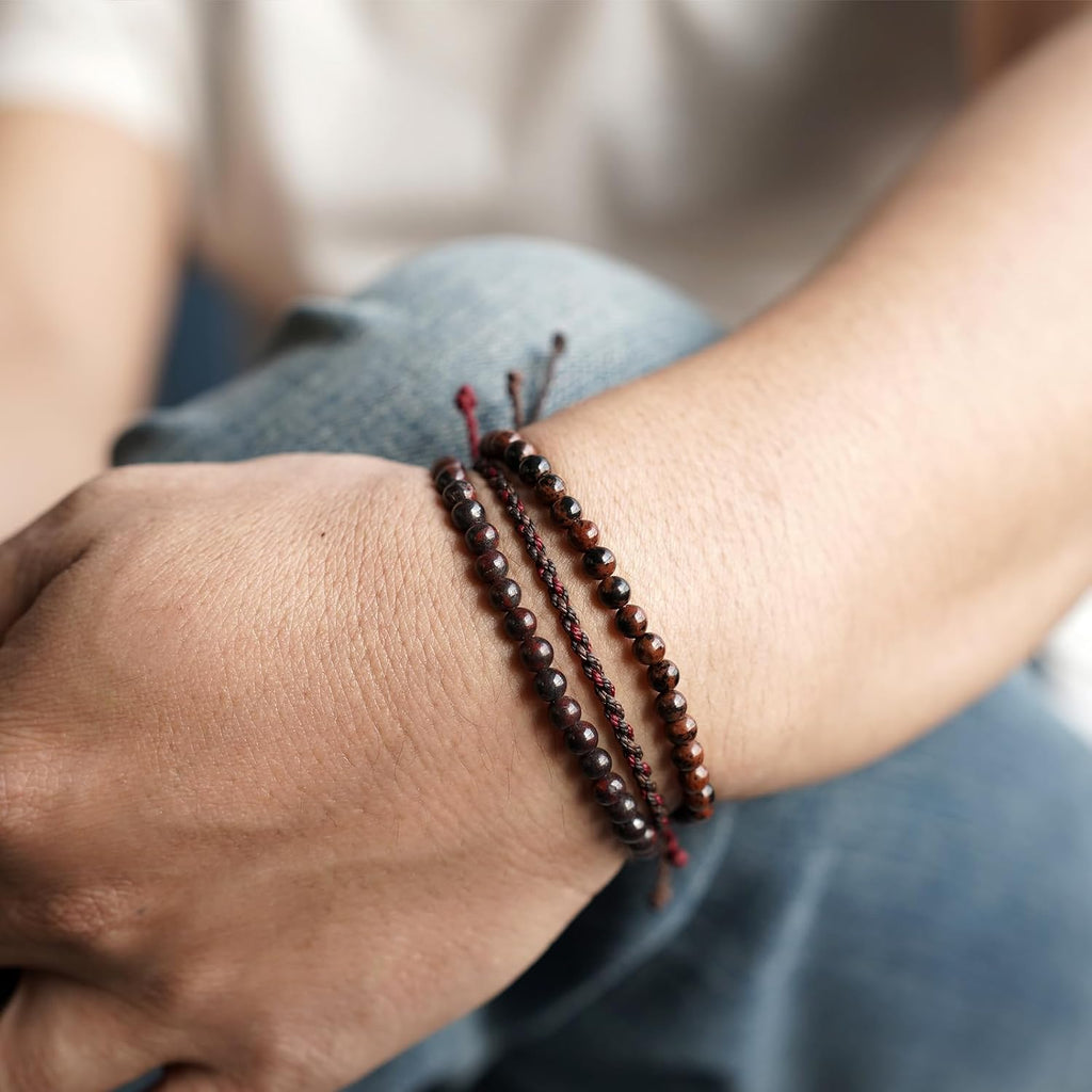 3 Pcs Handmade Natural Gemstone Beaded Bracelet, Adjustable Waterproof Rope Bracelet Set
