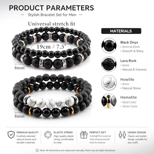 Men's Natural Stone Beaded Bracelet Set, 4 Pcs Stretch Stacking Bracelets with Lava Rock, Onyx, Tiger Eye, Howlite Beads