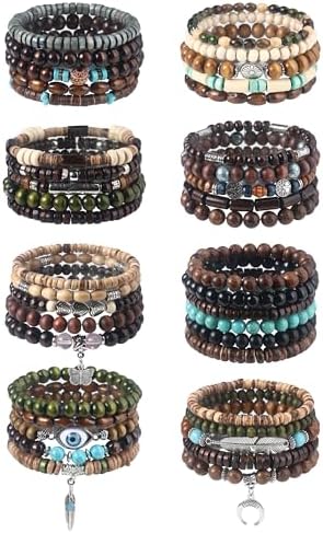41/44 PCS Wooden Beaded Bracelets for Men, Larger Size Adjustable Punk Braided Wooden Bracelet, Bulk Wood Bangles Wristbands