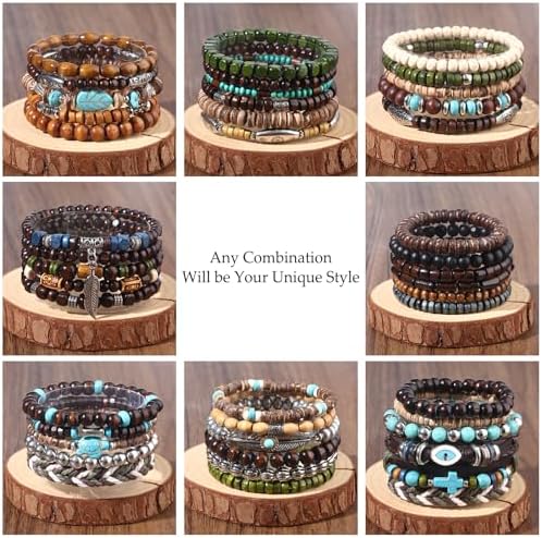 41/44 PCS Wooden Beaded Bracelets for Men, Larger Size Adjustable Punk Braided Wooden Bracelet, Bulk Wood Bangles Wristbands