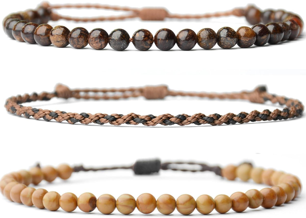 3 Pcs Handmade Natural Gemstone Beaded Bracelet, Adjustable Waterproof Rope Bracelet Set