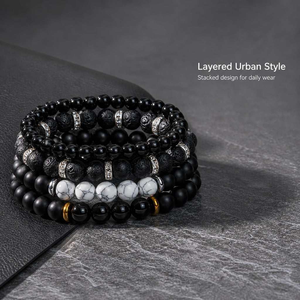 Men's Natural Stone Beaded Bracelet Set, 4 Pcs Stretch Stacking Bracelets with Lava Rock, Onyx, Tiger Eye, Howlite Beads