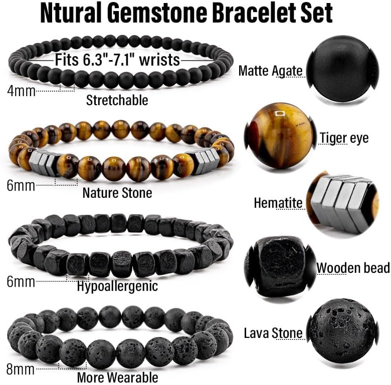 Men’s Hematite Bracelet Set Boho Multi - Tiger Eye/Matte Agate/Lava Rock Gifts for Birthday/Anniversary/Christmas