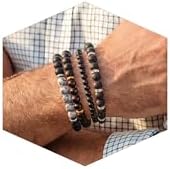 Men's Natural Stone Beaded Bracelet Set, 4 Pcs Stretch Stacking Bracelets with Lava Rock, Onyx, Tiger Eye, Howlite Beads
