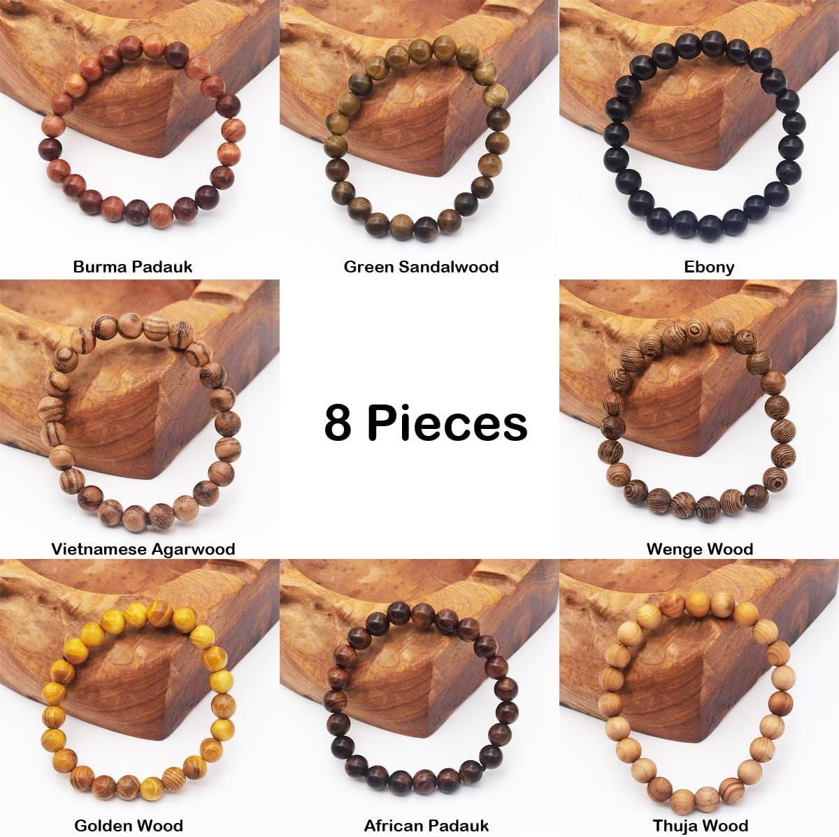 8 Pieces Natural Wood Elastic Beaded Bracelet for Men and Women