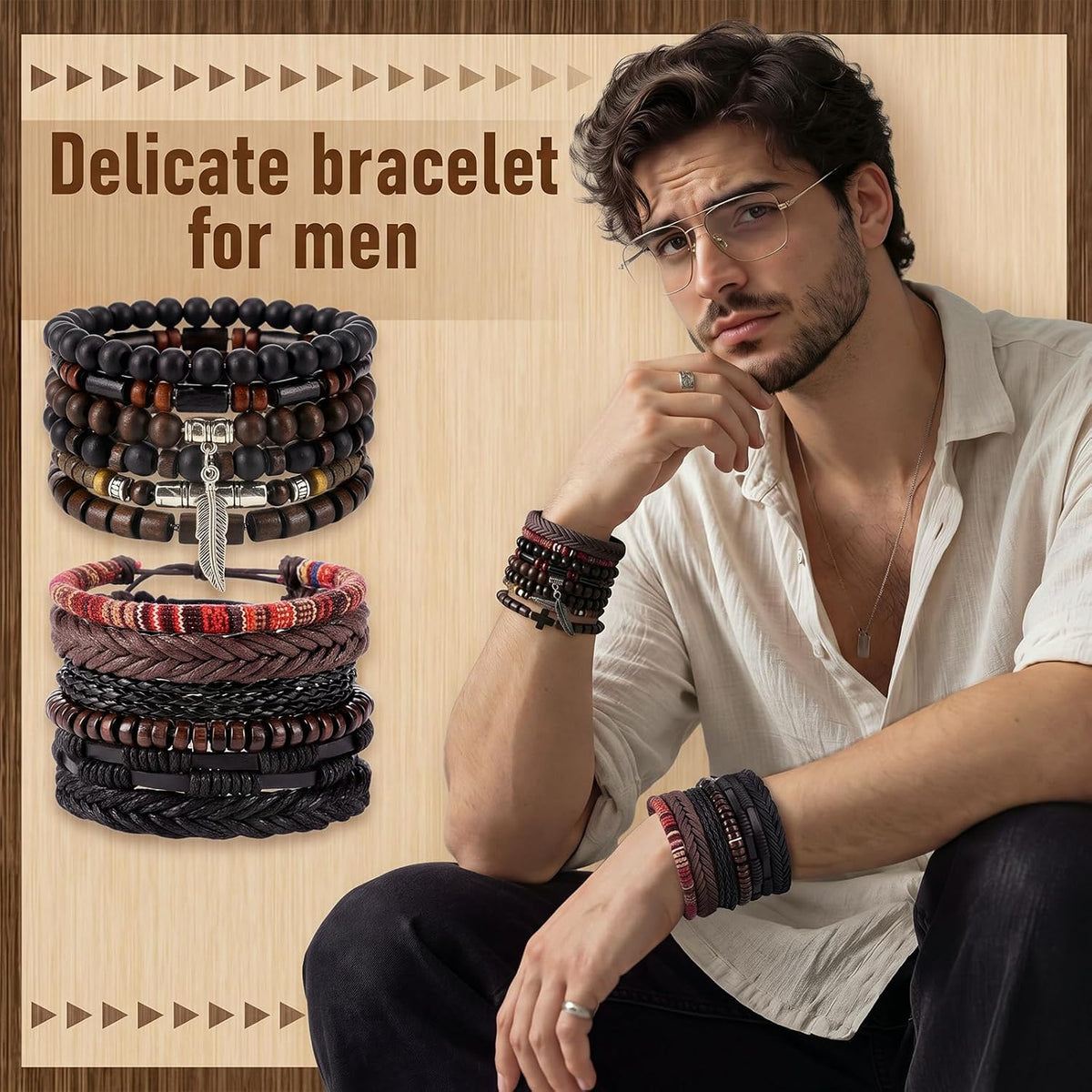 48 Pcs Punk Wooden Beads Bracelets, Gothic Bracelet for Men
