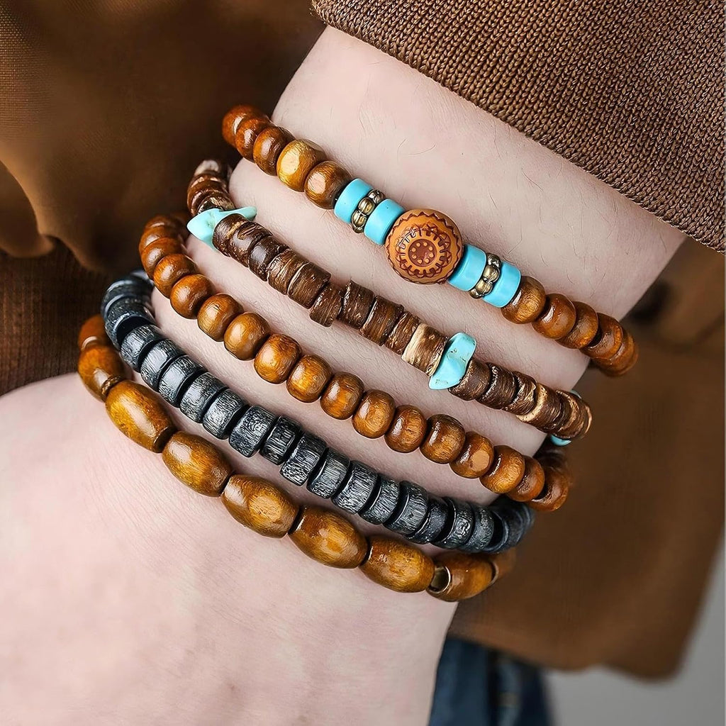 Puka Shell Bracelet for Men Wooden Bracelets Turquoise Stack Beaded Minimalist Trendy Jewelry for Friend Gift