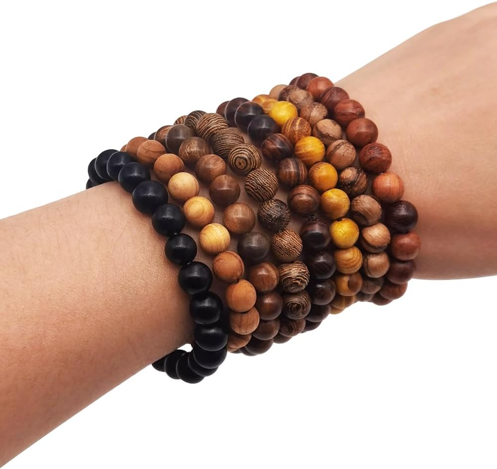 8 Pieces Natural Wood Elastic Beaded Bracelet for Men and Women