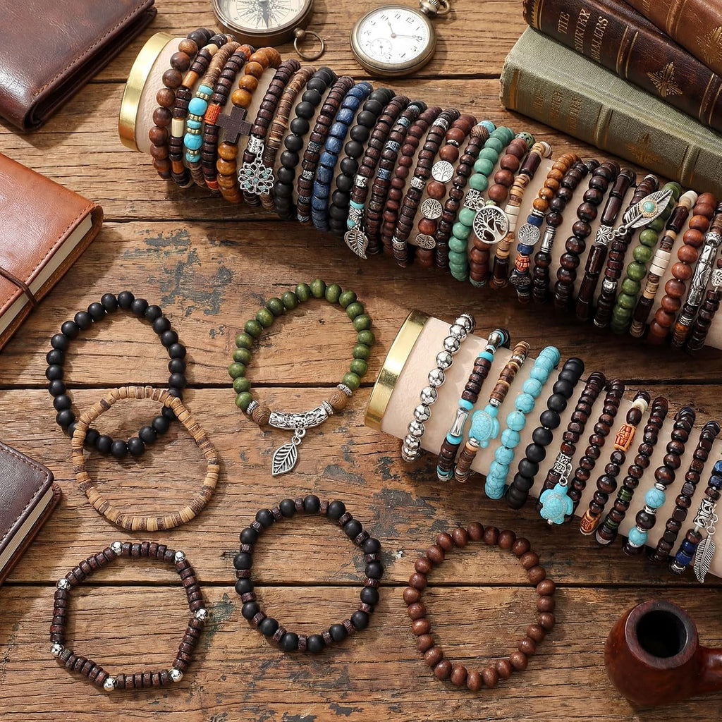 48 Pcs Punk Wooden Beads Bracelets, Gothic Bracelet for Men