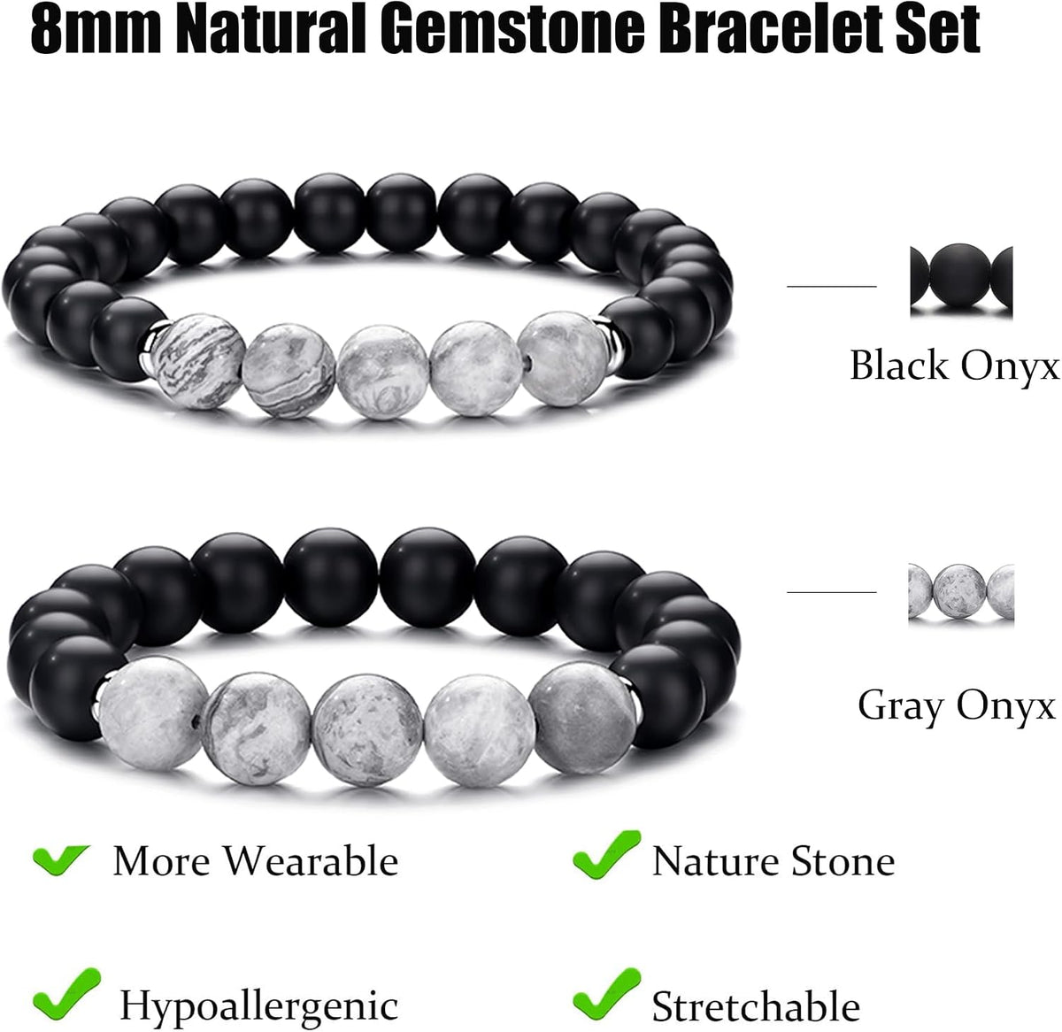Tiger Eye Bracelet For Men 8MM Natural Stone Stretch Adjustable Black Crystal Beaded Bracelet for Men Women Gifts