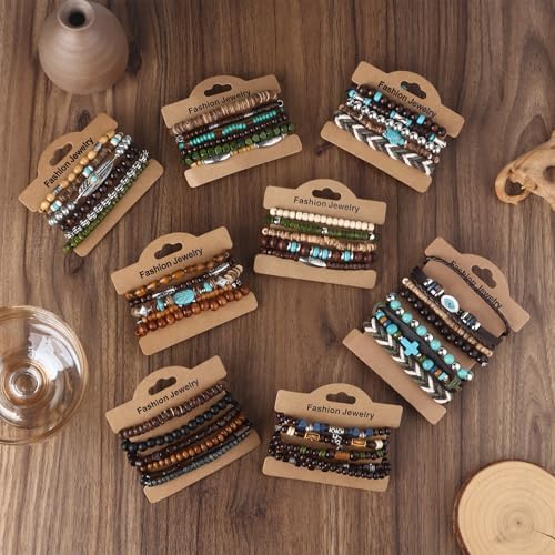 41/44 PCS Wooden Beaded Bracelets for Men, Larger Size Adjustable Punk Braided Wooden Bracelet, Bulk Wood Bangles Wristbands