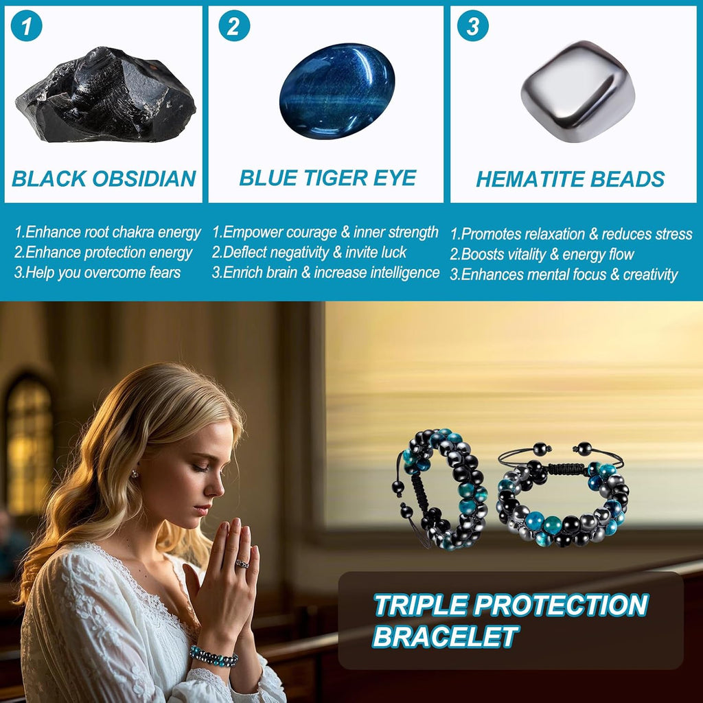 Tiger Eye Bracelets for Men Women, Triple Protection Bracelet