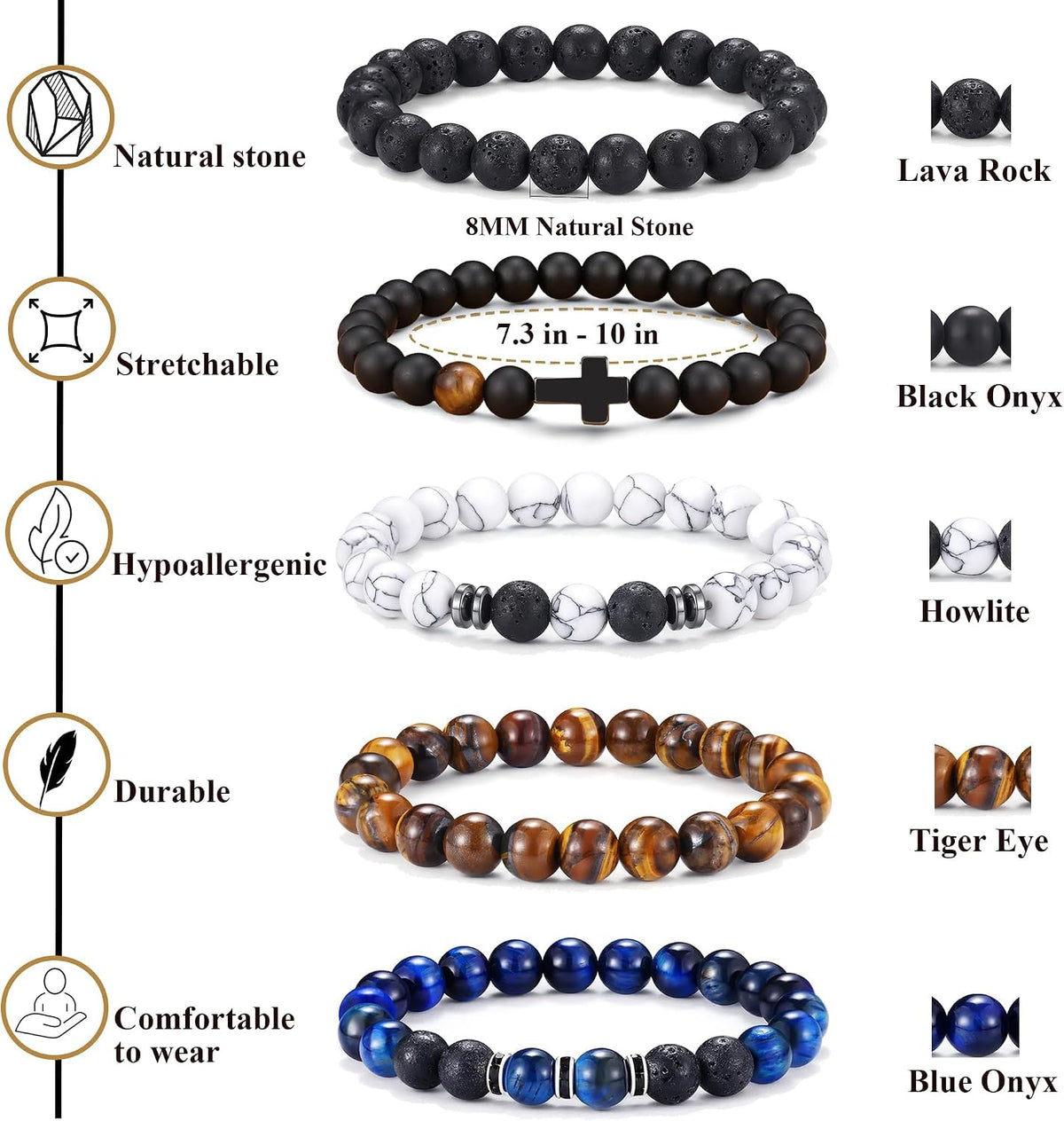 12PCS Beaded Bracelets for Men 8MM