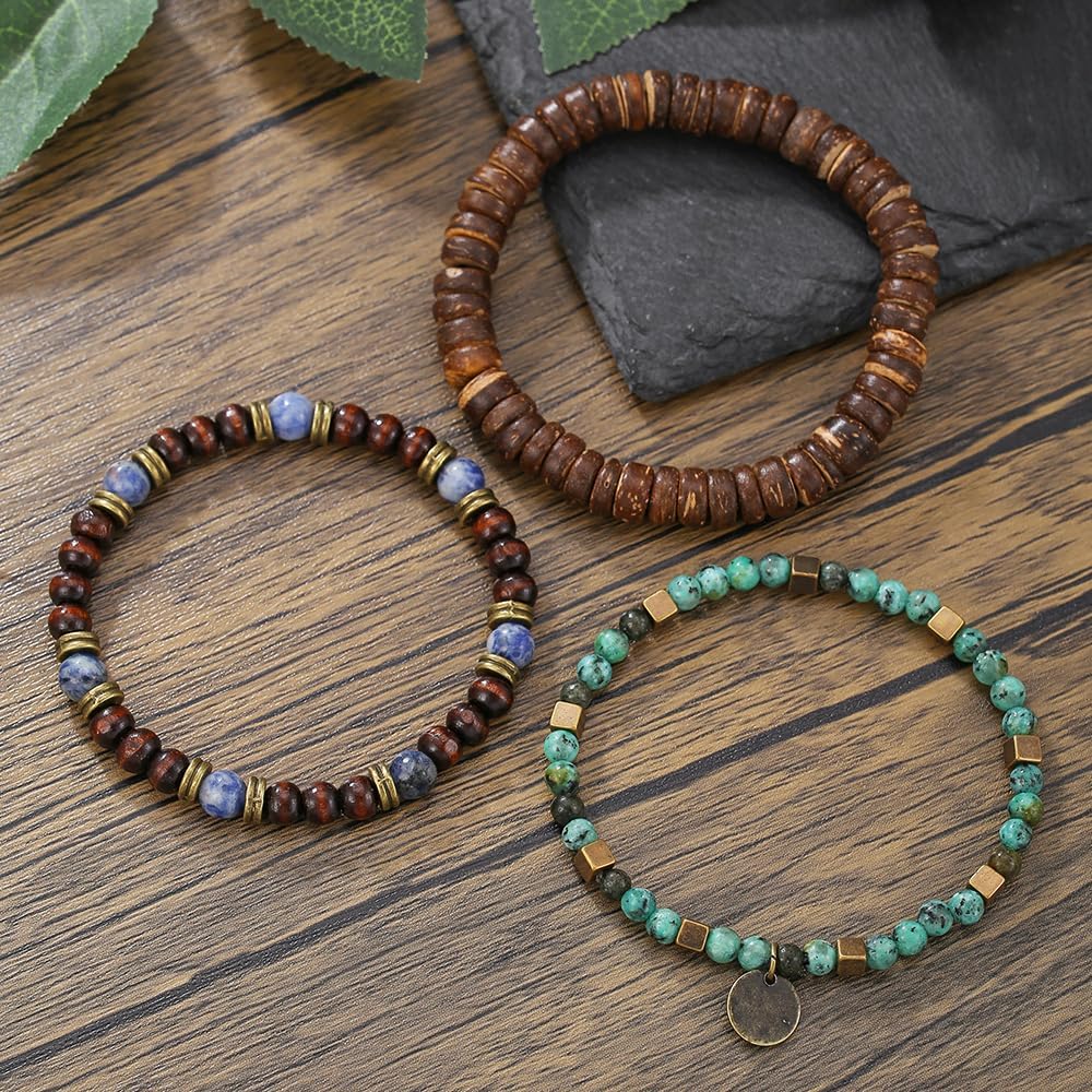 Puka Shell Bracelet for Men Wooden Bracelets Turquoise Stack Beaded Minimalist Trendy Jewelry for Friend Gift