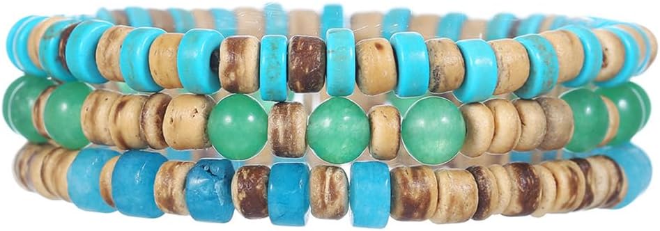 Puka Shell Bracelet for Men Wooden Bracelets Turquoise Stack Beaded Minimalist Trendy Jewelry for Friend Gift