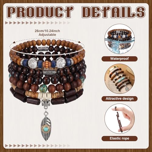 48 Pcs Punk Wooden Beads Bracelets, Gothic Bracelet for Men
