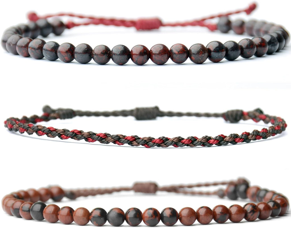 3 Pcs Handmade Natural Gemstone Beaded Bracelet, Adjustable Waterproof Rope Bracelet Set