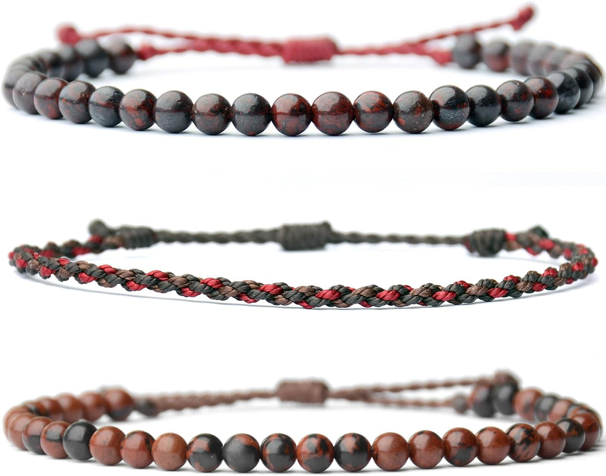 3 Pcs Handmade Natural Gemstone Beaded Bracelet, Adjustable Waterproof Rope Bracelet Set