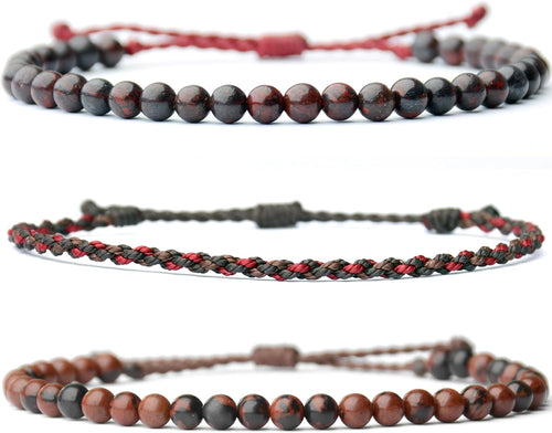 3 Pcs Handmade Natural Gemstone Beaded Bracelet, Adjustable Waterproof Rope Bracelet Set