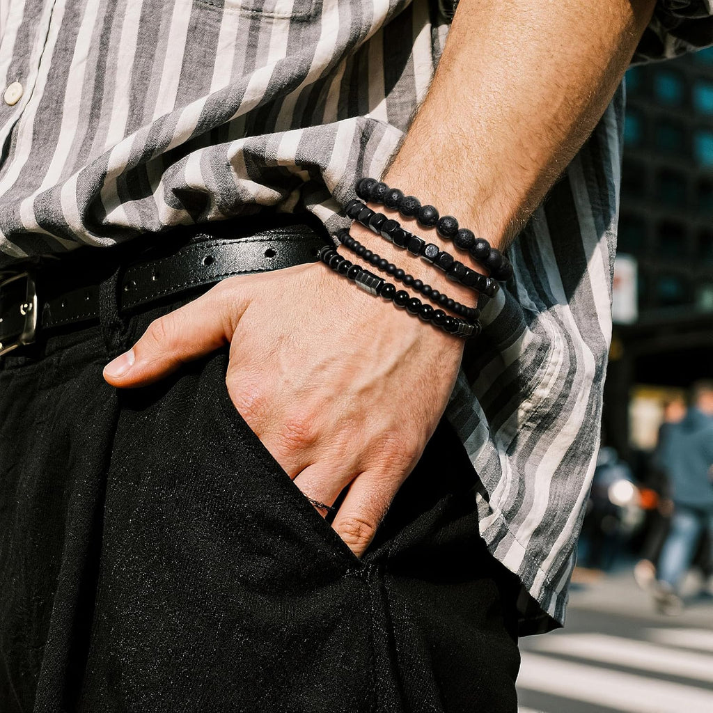 Men’s Hematite Bracelet Set Boho Multi - Tiger Eye/Matte Agate/Lava Rock Gifts for Birthday/Anniversary/Christmas