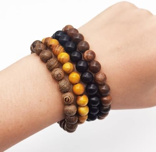 8 Pieces Natural Wood Elastic Beaded Bracelet for Men and Women