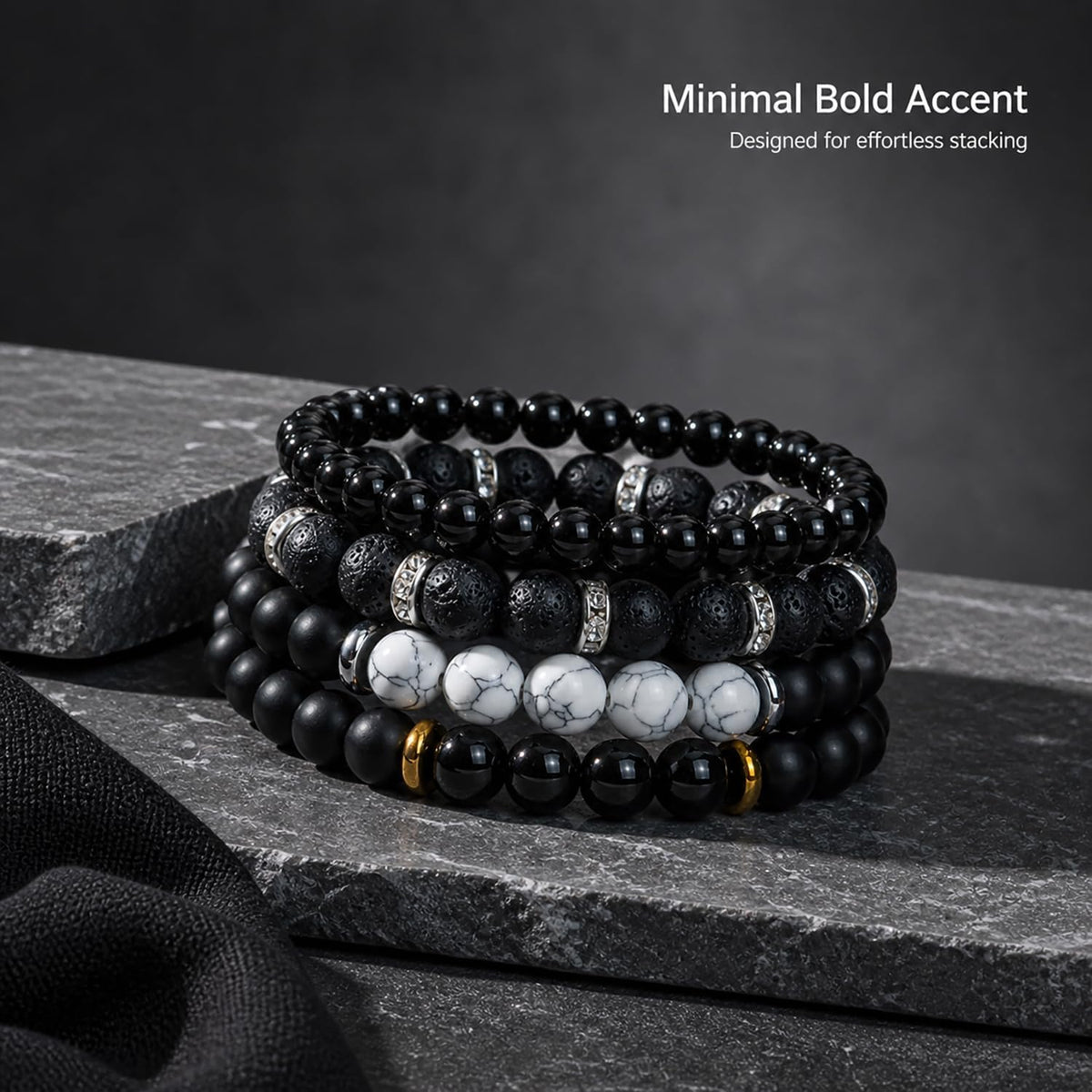 Men's Natural Stone Beaded Bracelet Set, 4 Pcs Stretch Stacking Bracelets with Lava Rock, Onyx, Tiger Eye, Howlite Beads