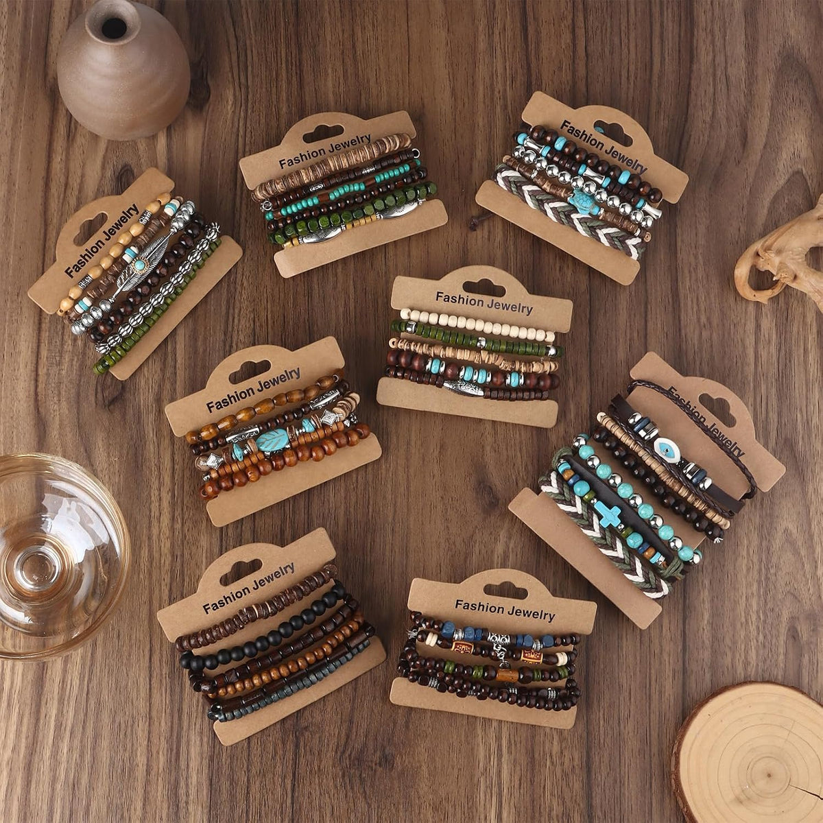 41/44 PCS Wooden Beaded Bracelets for Men, Larger Size Adjustable Punk Braided Wooden Bracelet, Bulk Wood Bangles Wristbands